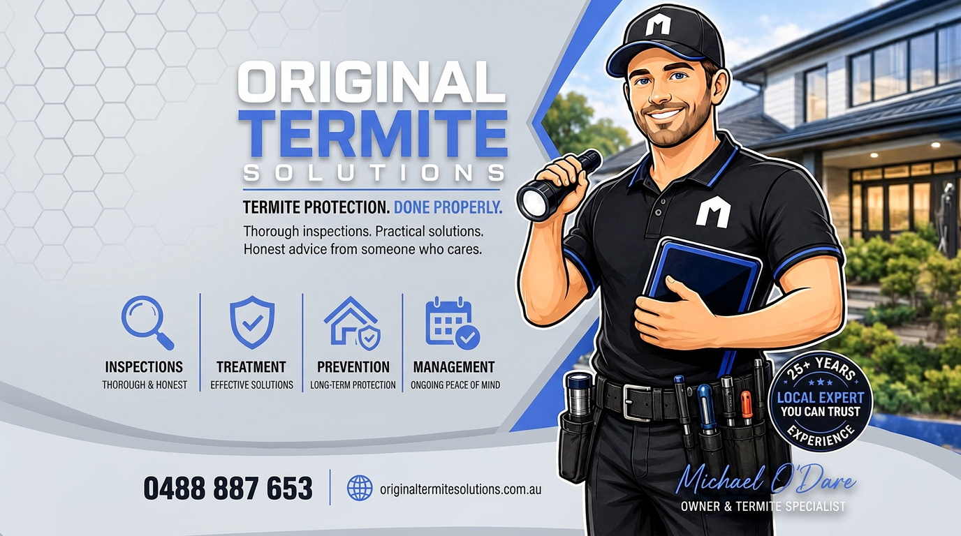 Original Termite Solutions. Michael O'Dare, owner and termite specialist. Inspections, treatment, prevention and management. 25+ years of experience. Call 0488 887 653.